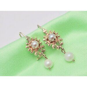 Beautiful 14K Solid Yellow Gold Designer Drop Dangle French Clip Pearl Earrings